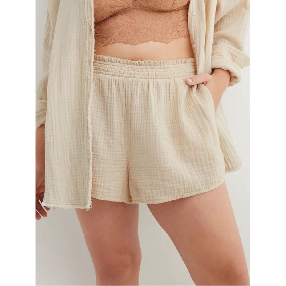 Aerie Neutral Gauzy High Waisted Textured 100% Cotton Shorts Women’s Size Medium